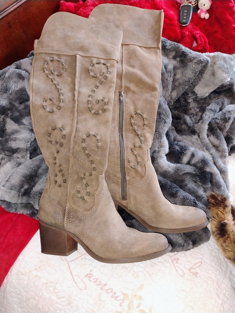 Carlos by Carlos Santana Taupe Suede Western Knee-High Heeled Boots